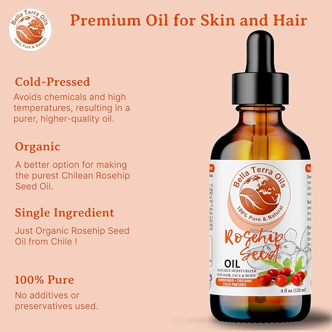 Bella Terra Oils Organic Rosehip Oil for Face, Pure Cold-Pressed Rose Hip Seed Oil for Skin & Hair, Natural Moisturizer & Anti-Aging Facial Oil 8oz