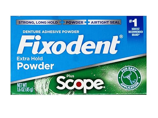 Fixodent Denture Adhesive Powder, Extra Strong, Plus Scope, Strong, Long Hold Powder, Airtight Seal, 1.6 OZ, Pack of 3