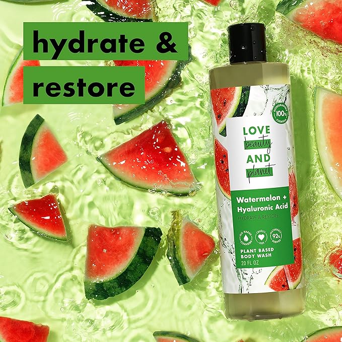Love Beauty and Planet Plant-Based Body Wash Hydrate and Restore Skin Watermelon and Hyaluronic Acid Made with Plant-Based Cleansers and Skin Care Ingredients, 100% Biodegradable 20 fl oz