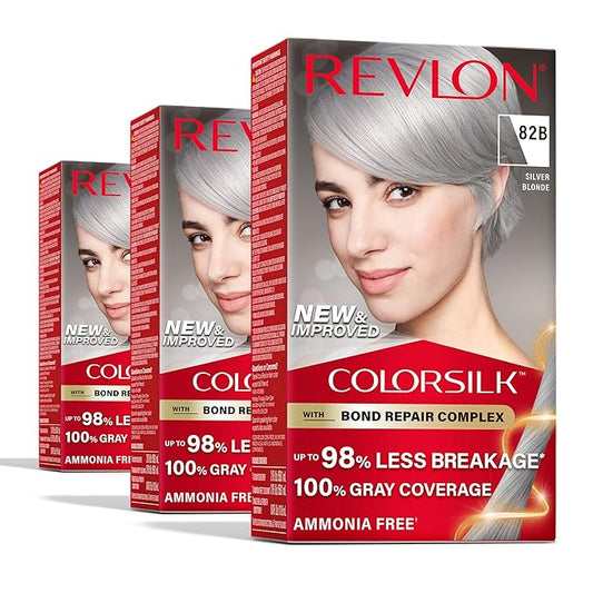 Revlon ColorSilk with Bond Repair Complex, Blonde Permanent Hair Color, 100% Gray Coverage, Ammonia Free Hair Dye, Vegan Keratin, 82B Silver Blonde (Pack of 3)