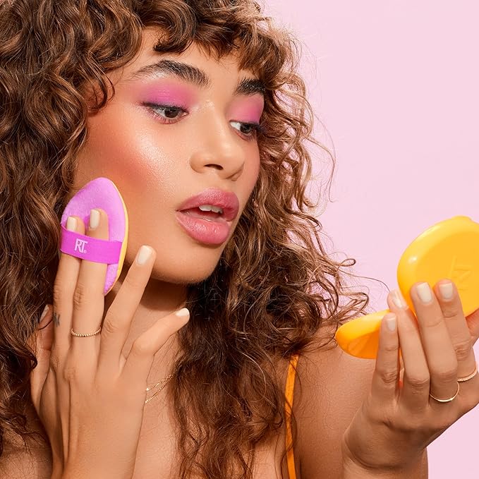 Real Techniques Miracle 2-In-1 Powder Puff + Travel Case, Dual-Sided Makeup Blending Puff, Elastic Band, Precision Makeup Sponge & Powder Puff, For Liquid, Cream & Powders, Travel Case, 2 Count