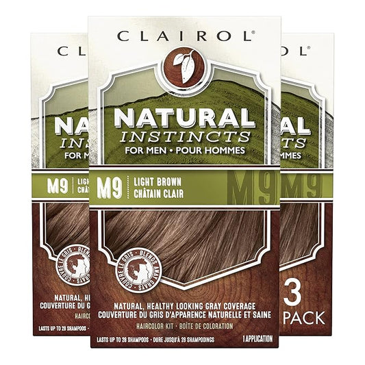 Clairol Natural Instincts Semi-Permanent Hair Dye for Men, M9 Light Brown Hair Color, Pack of 3