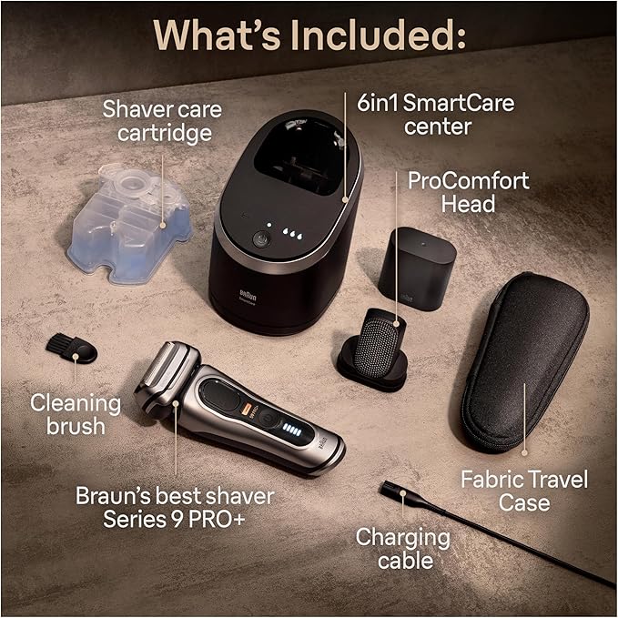 Braun Series 9 PRO+ Electric Razor for Men, 5 Pro Shaving Elements and Shave-Preparing ProComfort Head for Closeness & Skin Comfort, 6in1 SmartCare Center, Wet or Dry Use, Charging Stand, 9597cc