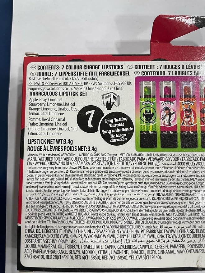 Miraculous Ladybug Cosmetic Lipstick Set - 7 Fruit Scented Color-Changing Lipsticks for Kids - Transforming Lipsticks Turn Pink - Magic Lipsticks Gift Set - Safe & Fun Makeup Kit