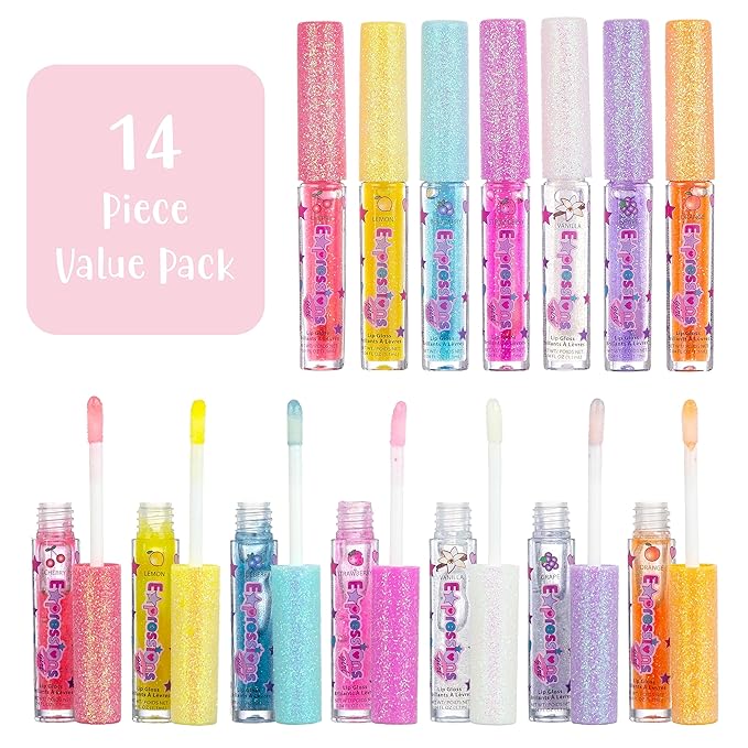 14pc Fruity Flavored Lip Gloss Set - Lip Gloss in Assorted Fruity Flavors, Non Toxic Makeup for Kids & Teens