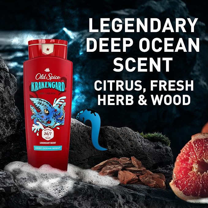 Old Spice Cleansing Body Wash for Men, 3X Defense, 24/7 Shower Fresh with Lasting Scent, 2-in-1 Body & Face Wash, Krakengard with Deep Ocean Scent, 24 oz (Pack of 4)