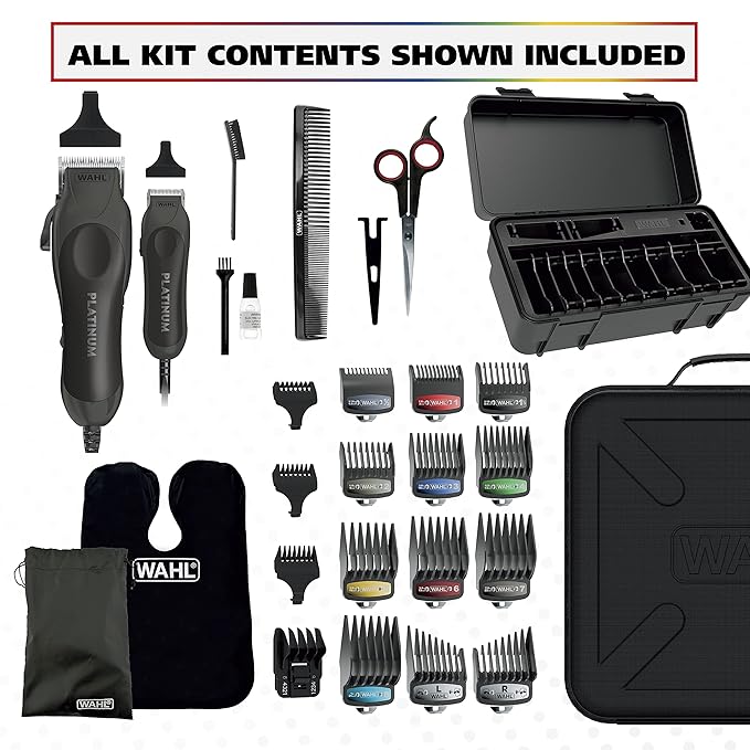 Wahl USA Pro Series Platinum Corded Clipper & Corded Trimmer for Home Haircutting with Color Coded Guide Combs – Model 79804-100