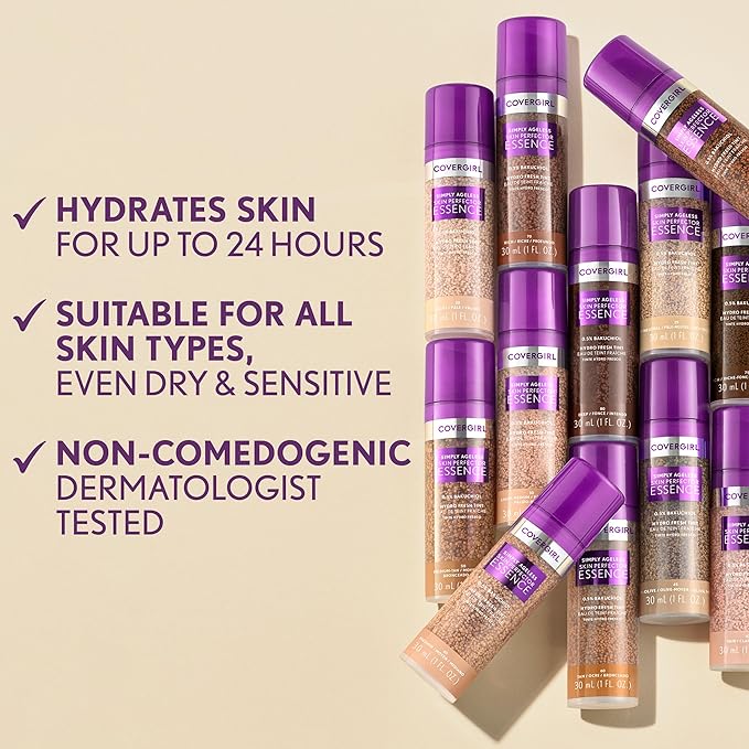 Covergirl Simply Ageless Skin Perfector Essence Foundation, 20 Light, Tinted Skin Perfector, Skincare Makeup Hybrid, Sheer Tint, Radiant Finish, Skin-Like Finish, Vegan Formula, 1.0oz