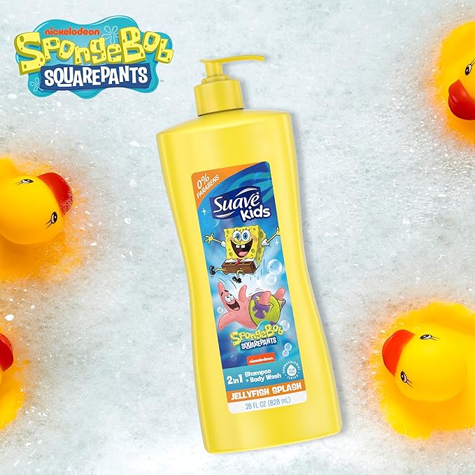 Suave Kids 3-in-1 Spongebob, Tear Free, Body Wash, Shampoo and Conditioners, Dermatologist Tested, 28 Oz Pack of 4