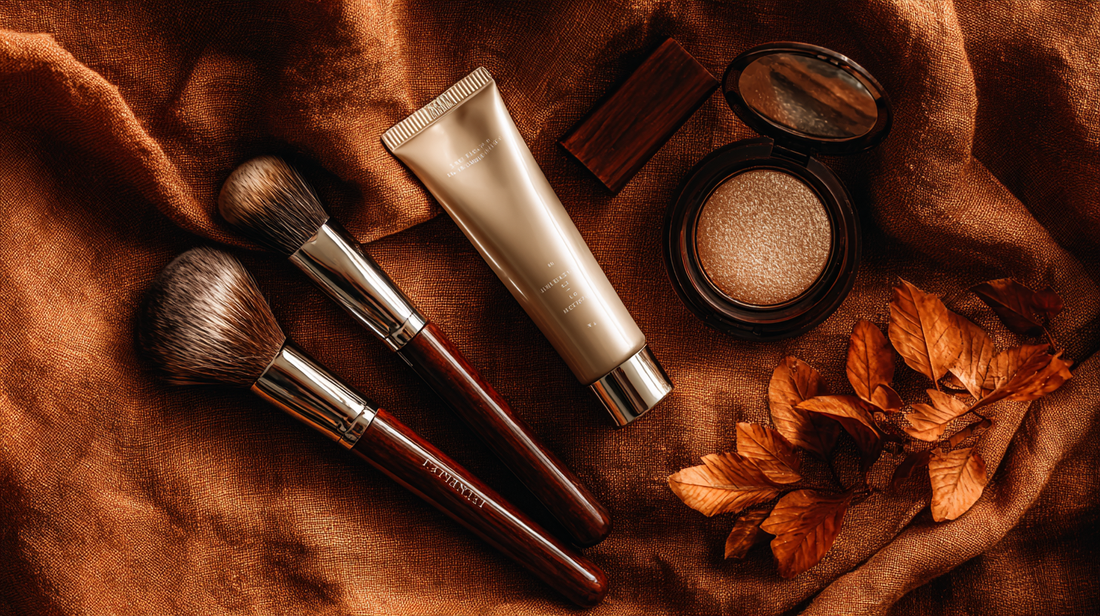 Hand cream tube with shimmering highlighter compact and makeup brushes on autumn fabric, flatlay for Fall 2025 beauty rituals