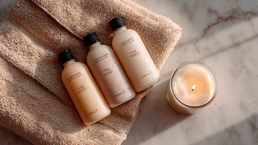 Three body wash bottles placed on folded beige towels with a lit candle on marble surface, hydrating and nourishing skincare flat lay
