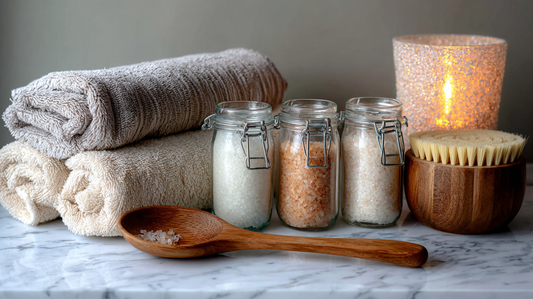 Glass jars of natural bath salts with wooden spoon, folded towels, body brush, and lit candle on marble counter, relaxing spa skincare flat lay
