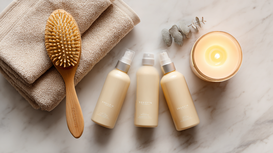 Three conditioner bottles with wooden hairbrush, folded beige towels, and lit candle on marble counter, nourishing hair care flat lay