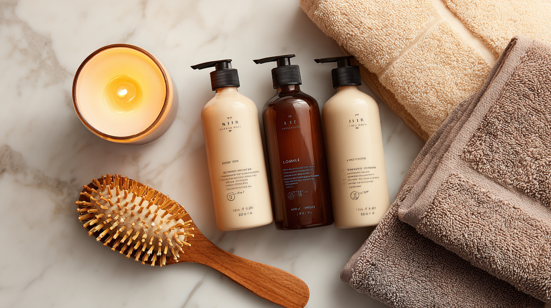 Three hair care bottles with wooden hairbrush, folded beige and gray towels, and lit candle on marble surface, nourishing hair care flat lay