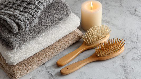 Two wooden hair brushes placed beside folded towels and lit candle on gray marble surface, natural hair care and styling flat lay
