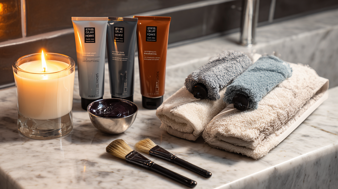 Hair mask tubes with brushes, rolled towels, and lit candle on marble counter, nourishing hair treatment flat lay