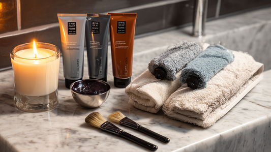 Hair mask tubes with brushes, rolled towels, and lit candle on marble counter, nourishing hair treatment flat lay