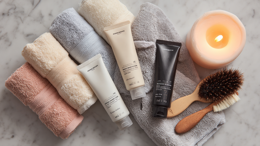 Hair care tubes with wooden hairbrush, rolled towels, and lit candle on marble counter, nourishing hair treatment flat lay