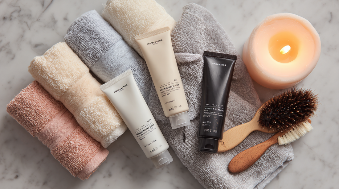 Hair care tubes with wooden hairbrush, rolled towels, and lit candle on marble counter, nourishing hair treatment flat lay