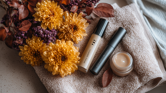 Volumizing mascara tubes with hydrating face mask jar on towels beside autumn flowers, flatlay for Fall 2025 beauty rituals