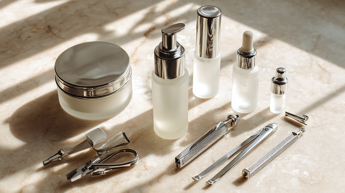 Frosted glass moisturizer jars and pump bottles with professional nail tools on marble surface, flatlay for Fall 2025 skincare and grooming