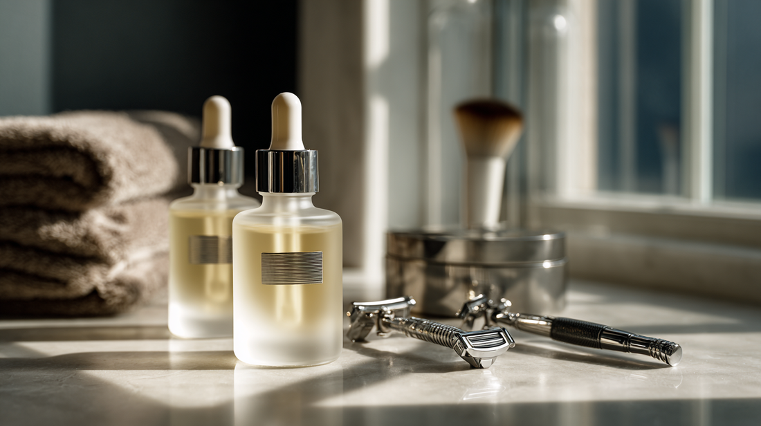 Frosted glass serum bottles with droppers beside razors and shaving tools on bathroom counter, flatlay for Fall 2025 skincare and grooming