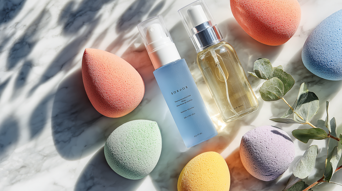Blending sponges with refreshing toner bottles on a clean vanity under natural light, flatlay for Fall 2025 skincare and makeup