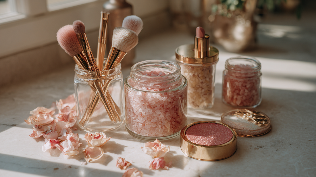 Glass jars of pink bath salts with blush compact and makeup brushes on vanity, flatlay for Fall 2025 beauty rituals