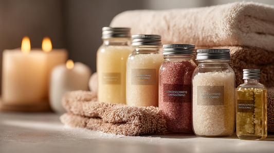 Glass jars of colorful body scrubs and nourishing oils on towels beside candles, flatlay for Fall 2025 self-care rituals