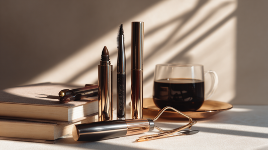 Metallic eyelash curler with black eyeliners and mascara tubes on books beside a coffee cup, flatlay for Fall 2025 eye makeup