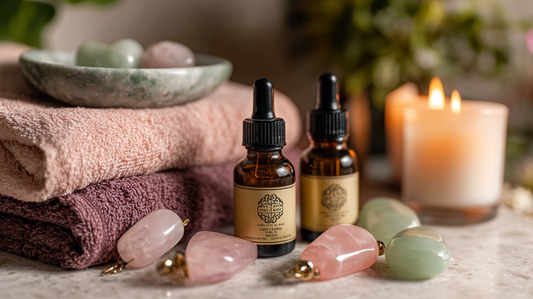 Rose quartz and jade face rollers with facial oil dropper bottles on towels beside candles, flatlay for Fall 2025 skincare rituals