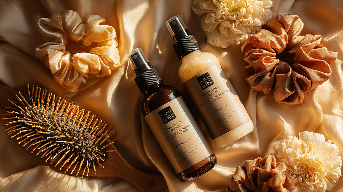 Conditioner and dry shampoo bottles with hairbrush and silk scrunchies in autumn-toned flatlay for Fall 2025 haircare