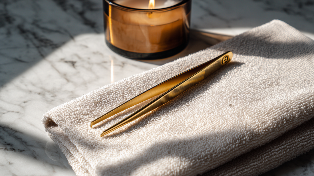 Gold precision tweezers placed on folded beige towel with lit candle on marble counter, elegant beauty and grooming tool flat lay