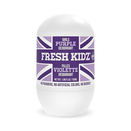 Fresh Kidz Roll On Deodorant for Kids and Teens - Baking Soda and Aluminum-free 24 Hour Protection for Sensitive Skin - Girls "Purple" 1.86 fl.oz.