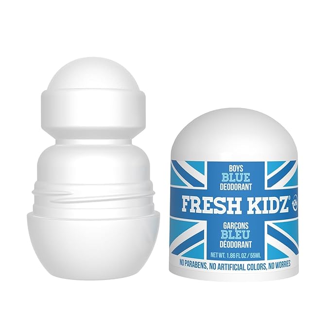 Fresh Kidz Roll On Deodorant for Kids and Teens - Baking Soda and Aluminum-free 24 Hour Protection for Sensitive Skin - Boys "Blue" 1.86 fl.oz. (2 Pack)