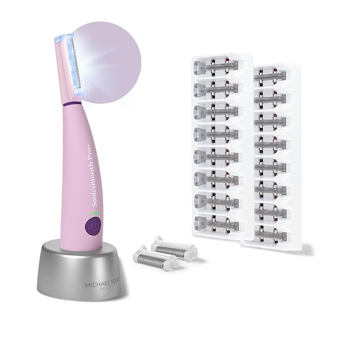 Michael Todd Beauty Sonicsmooth Pro+ Dermaplane Razor for Women Face + Eyebrow trimmer Dermaplaning System w/LED Light Peach Fuzz Remover -16 Dermaplaning Blades & 2 Microsmooth Exfoliation Tips