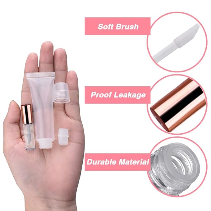 AMORIX 50PCS Mini Lip Gloss Tubes with Wand 1.2ml Empty Lip Gloss Containers Refillable Travel Lip Balm Bottles for Samples with 5ml Syringes DIY Lip Gloss Base + Tag Labels (Rose Gold)
