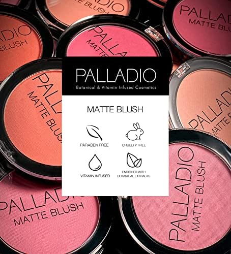 Palladio Matte Blush, Brushes onto Cheeks Smoothly, Soft Matte Look and Even Finish, Flawless Velvety Coverage, Effortless Blending Makeup, Flatters the Face, Convenient Compact, Chic