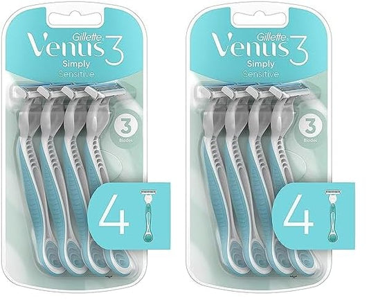 Gillette Venus Simply 3 Sensitive Women's Disposable Razors, Pack of 2 with 4 razors