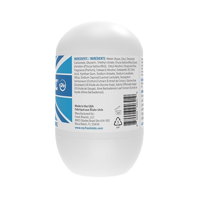 Fresh Kidz Roll On Deodorant for Kids and Teens - Baking Soda and Aluminum-free 24 Hour Protection for Sensitive Skin - Boys "Blue" 1.86 fl.oz. (2 Pack)