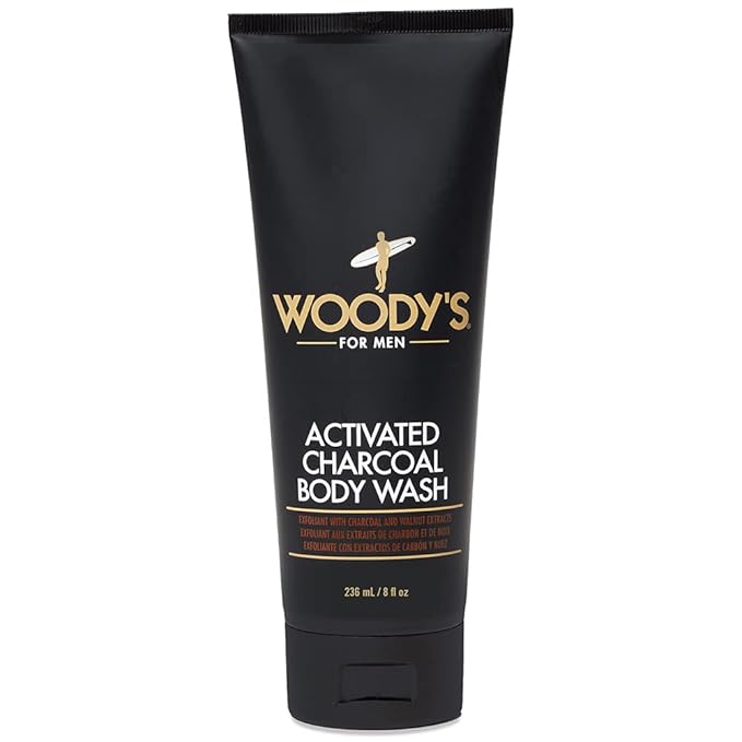 Woody's Activated Charcoal Body Wash for Men - Deep Cleansing, Exfoliating Face & Body Wash, Hydrating Formula with Walnut Extracts, Fresh Scent, 8 oz