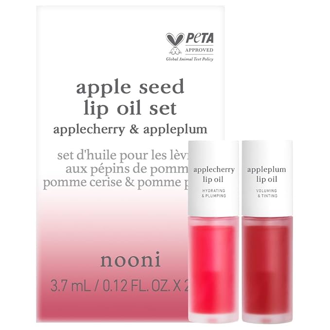NOONI Korean Hydrating Lip Oil Set - Applecherry & Appleplum | Long-Lasting, Moisturizing, Plumping, Revitalizing for Dry Lips, Waterproof, No Peel Off, 0.12 FL Oz x 2ea