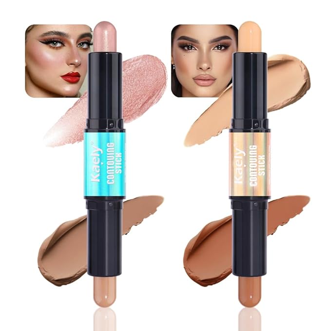 Kaely 2Pcs Cream Bronzer Highlighter Stick,Face Shaping Contouring Shades Makeup,03+16
