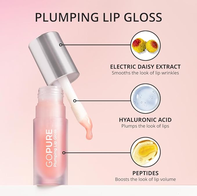goPure Lip Plumper – Plumping lip gloss formula with Hyaluronic Acid & Peptides, moisturizing, volumizing, smooths the look of wrinkles, high shine