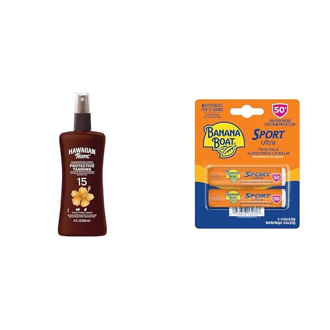 Hawaiian Tropic SPF 15 Tanning Oil Spray with Coconut Oil and Cocoa Butter, 8oz & Banana Boat SPF 50 Lip Sunscreen Twin Pack
