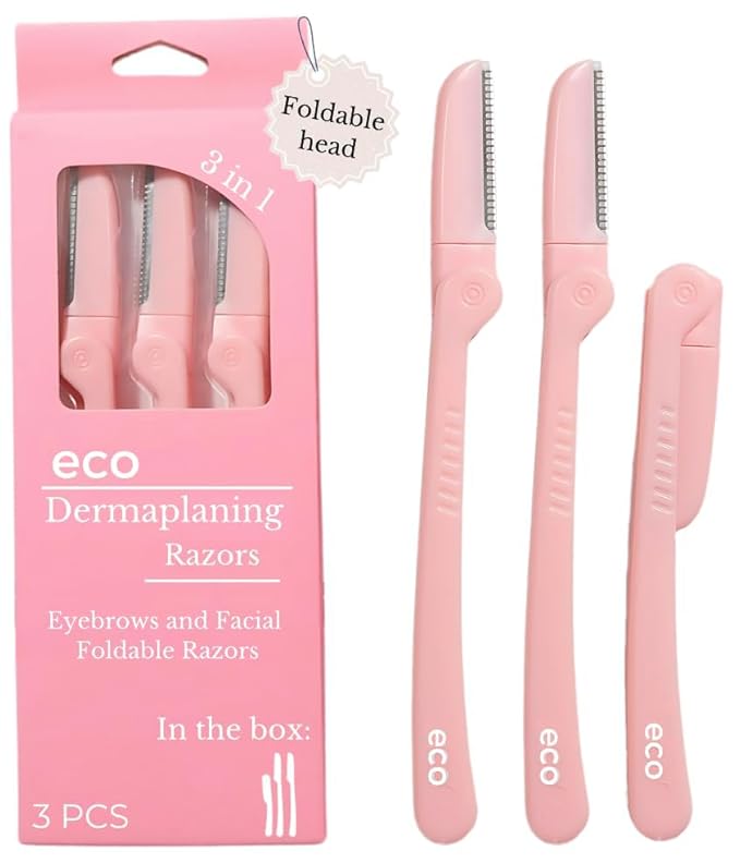 Dermaplaning Tool - Foldable Facial Razor for Women and Men, (3ct) | Womens Facial Peach Fuzz Remover & Eyebrow Trimmer, Dermaplaning Razor, Face Razors for Women, 3 pc (Pink)