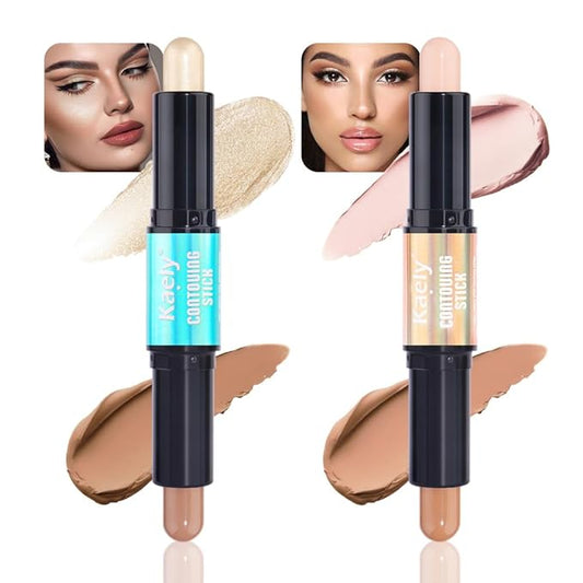Kaely 2Pcs Cream Bronzer Highlighter Stick,Face Shaping Contouring Shades Makeup,02+17