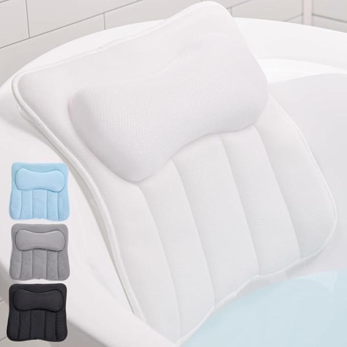 GORILLA GRIP Mesh Bath Pillow for Tub, 6 Powerful Suction Cups, Oversized Headrest with Breathable FlexComfort Technology for Neck, Head, Back Support, Luxury Machine Washable Bathtub Must Haves White