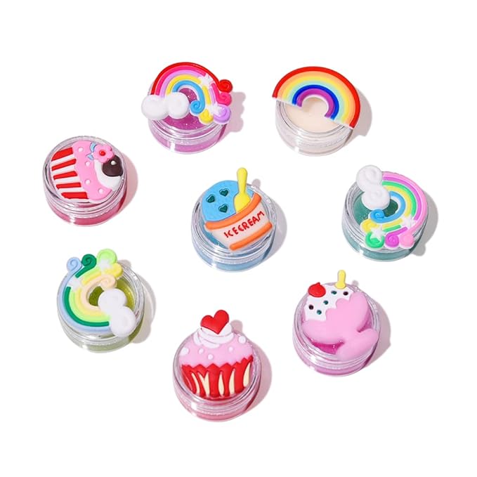 8PCS Cute Lip Gloss for Girls, Party Favors Lip Balm Set for Kids, Assorted Fruity Flavors Cute Cupcake of Rainbow Designs Birthday Gift
