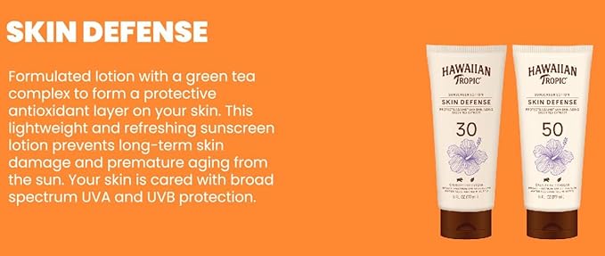 Hawaiian Tropic Skin Defense Sunscreen Lotion SPF 30, 6oz | SPF 30 Sunscreen Lotion with Green Tea Extract, Sunscreen Body Lotion, Oxybenzone Free Sunscreen, 6oz